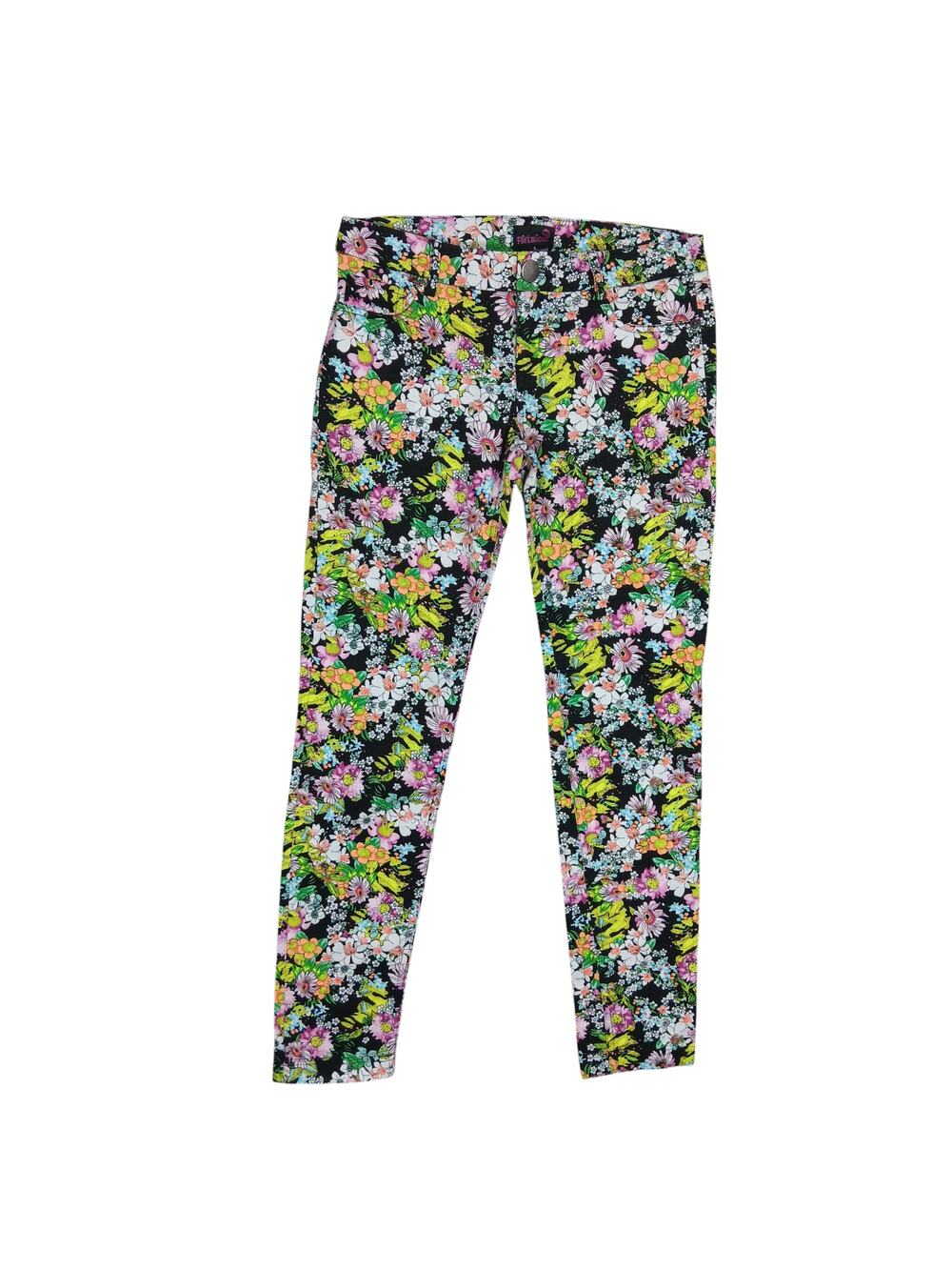 Flirtatious Floral Jeans / Pants SIze 3 Black W Colorful 5 Pockets Straight Cut